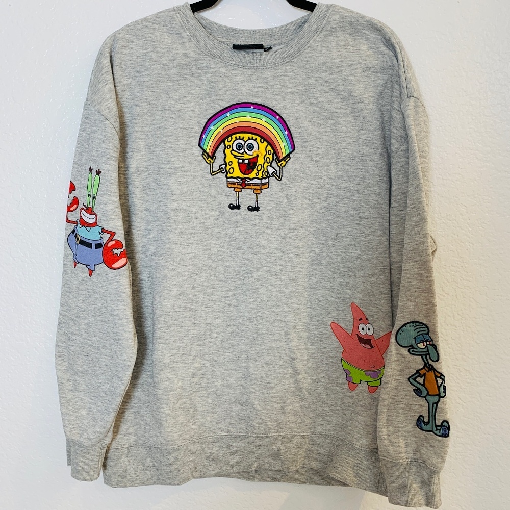 Nickelodeon Sponge Bob Sweatshirt Womens Large Gray Rainbow  Embroidered